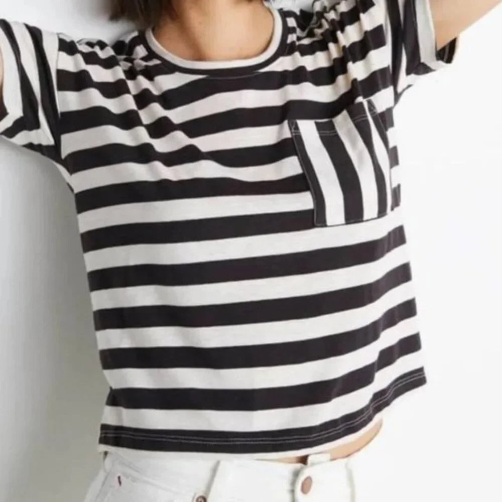 Like New Marine Layer Drop Shoulder Stripes Tee in Black/White Stripes Sz L - Picture 2 of 10